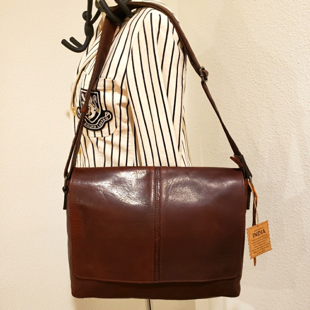 Handcrafted Genuine Leather Brown Crossbody Messenger Bag—NWT